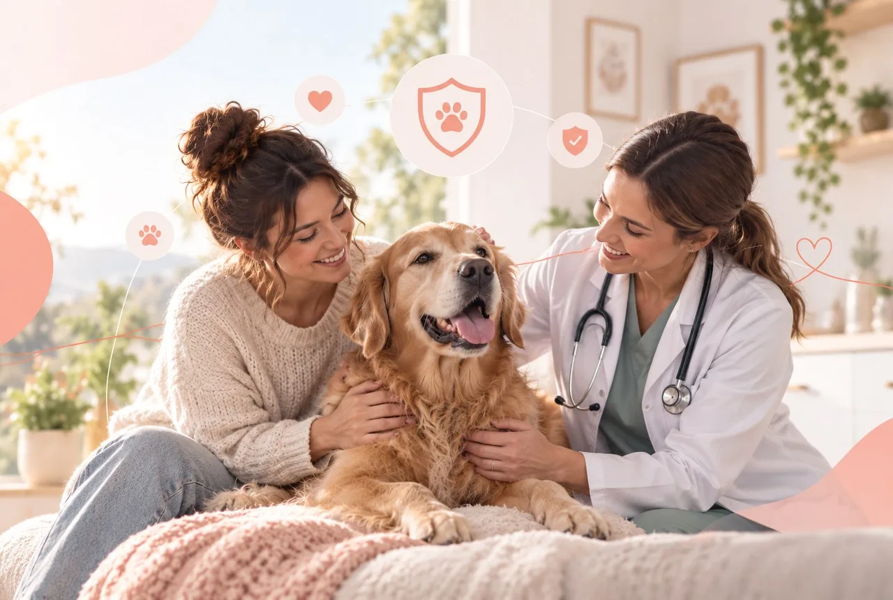 Owner with a dog and veterinarian in a softly lit consultation room